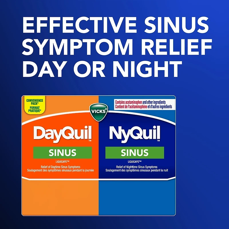 Capsules liquides DayQuil Sinus + Capsules liquides Vicks NyQuil Sinus