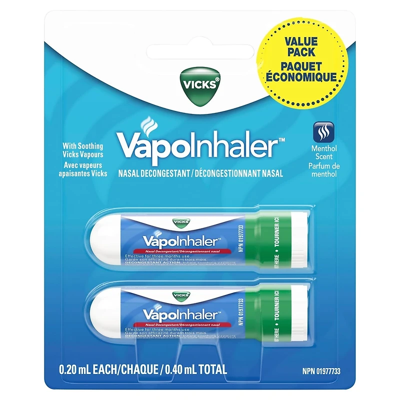 VapoInhaler Nasal Decongestant Inhaler, Menthol Scent, 0.20 mL each