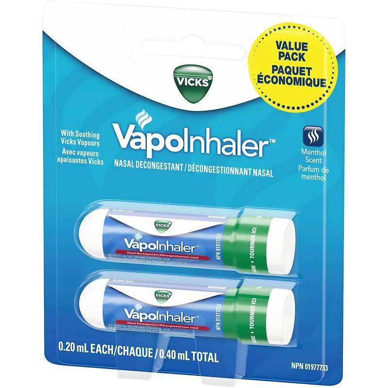 Inhalateur décongestionnant nasal VapoInhaler, parfum de menthol