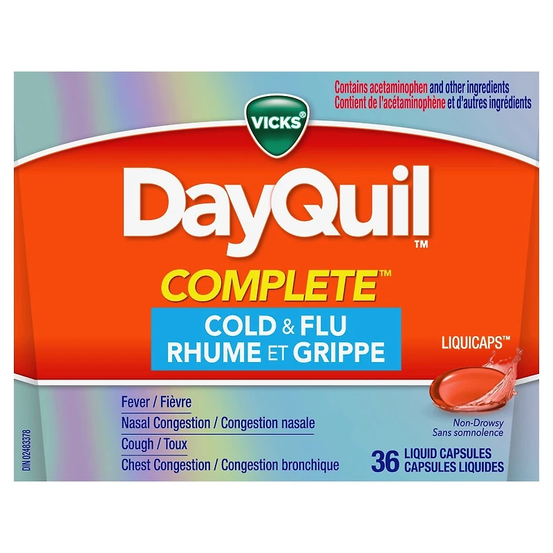 Vicks DayQuil Complete Cold, Flu and Congestion Medicine, 36 Liquicaps, Maximum Strength, Relieves Cough, Sore Throat, Fever, Chest Congestion, Liquid Capsules