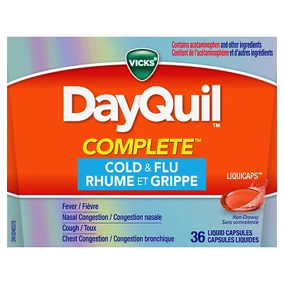 Vicks DayQuil Complete,  rhume, grippe et congestion, soulagement maximal : toux, mal de gorge, fièvre, congestion bronchique, capsules liquides, 24 u