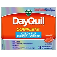 Vicks DayQuil Complete Cold, Flu and Congestion Medicine, 36 Liquicaps, Maximum Strength, Relieves Cough, Sore Throat, Fever, Chest Congestion, Liquid Capsules