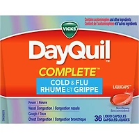 Vicks DayQuil Complete,  rhume, grippe et congestion, soulagement maximal : toux, mal de gorge, fièvre, congestion bronchique, capsules liquides, 24 u