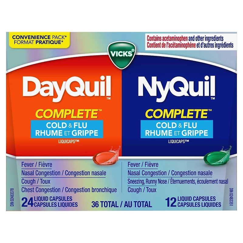 Vicks DayQuil and NyQuil COMPLETE Cold, Flu and Congestion Medicine, 36 LiquiCaps, Relieves Cough, Sore Throat Pain, Fever, Runny Nose, Congestion, Daytime and Nighttime