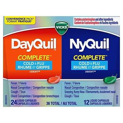 Médicament Vicks DayQuil et NyQuil COMPLETE : rhume, grippe et congestion, 36 Liquicaps, toux, mal de gorge, fièvre, écoulement nasal, jour/nuit
