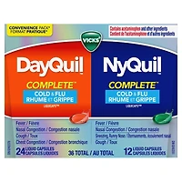Vicks DayQuil and NyQuil COMPLETE Cold, Flu and Congestion Medicine, 36 LiquiCaps, Relieves Cough, Sore Throat Pain, Fever, Runny Nose, Congestion, Daytime and Nighttime