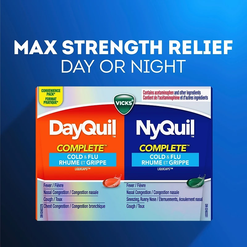 Vicks DayQuil and NyQuil COMPLETE Cold, Flu and Congestion Medicine, 36 LiquiCaps, Relieves Cough, Sore Throat Pain, Fever, Runny Nose, Congestion, Daytime and Nighttime