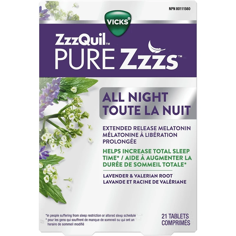 ZzzQuil PURE Zzzs Toute la nuit, lib. prol., mélatonine, 6 h, adultes, 2 mg/comp., 21 u