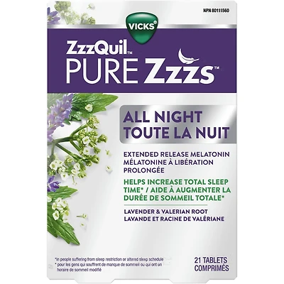 ZzzQuil PURE Zzzs All Night Extended Release, Melatonin Sleep Aid Tablets, Releases up to 6 hours, Sleep Aid for Adults, 2 mg per tablet, 21 Tablets