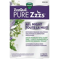 ZzzQuil PURE Zzzs Toute la nuit, lib. prol., mélatonine, 6 h, adultes, 2 mg/comp., 21 u