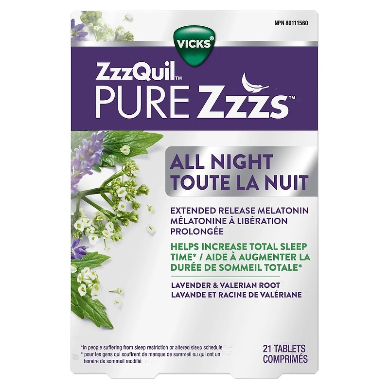 ZzzQuil PURE Zzzs All Night Extended Release, Melatonin Sleep Aid Tablets, Releases up to 6 hours, Sleep Aid for Adults, 2 mg per tablet, 21 Tablets