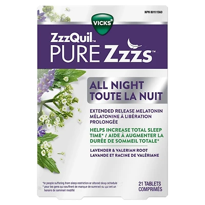 ZzzQuil PURE Zzzs Toute la nuit, lib. prol., mélatonine, 6 h, adultes, 2 mg/comp., 21 u
