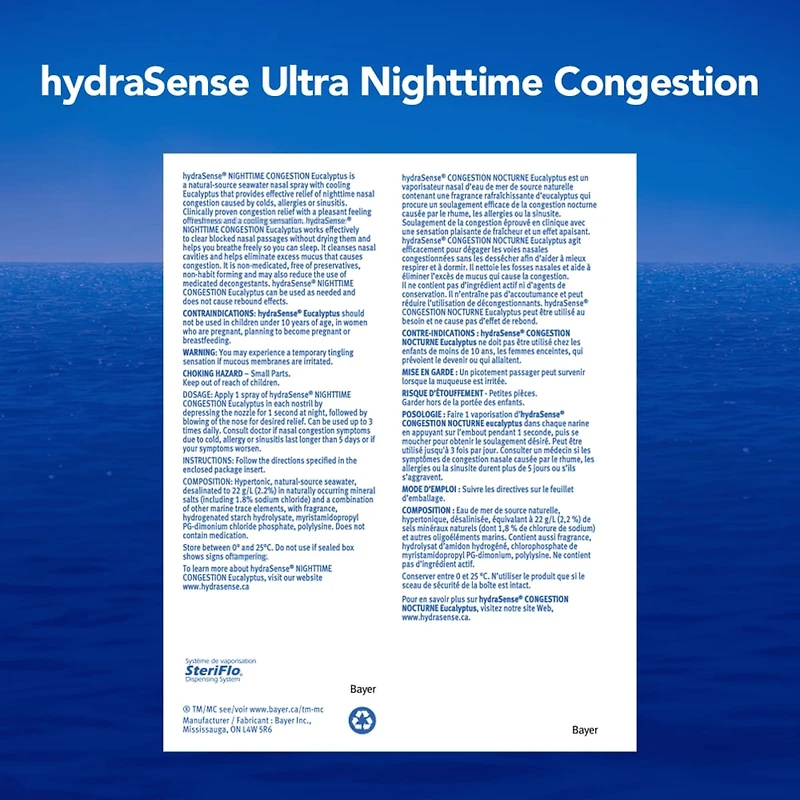 hydraSense Nighttime Congestion Nasal Spray -  with Cooling Eucalyptus, Ultra Nasal Congestion Relief Saline Spray, Fast Acting, Clinically-Proven, Non-Medicated, Non-Habit forming, Saline Solution, Natural Source Seawater, 100ml