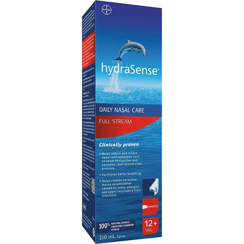hydraSense Full Stream Nasal Spray, Daily Nasal Care, Fast Relief of Nasal Congestion, 100% Natural Source Seawater, Preservative-Free, 210 mL