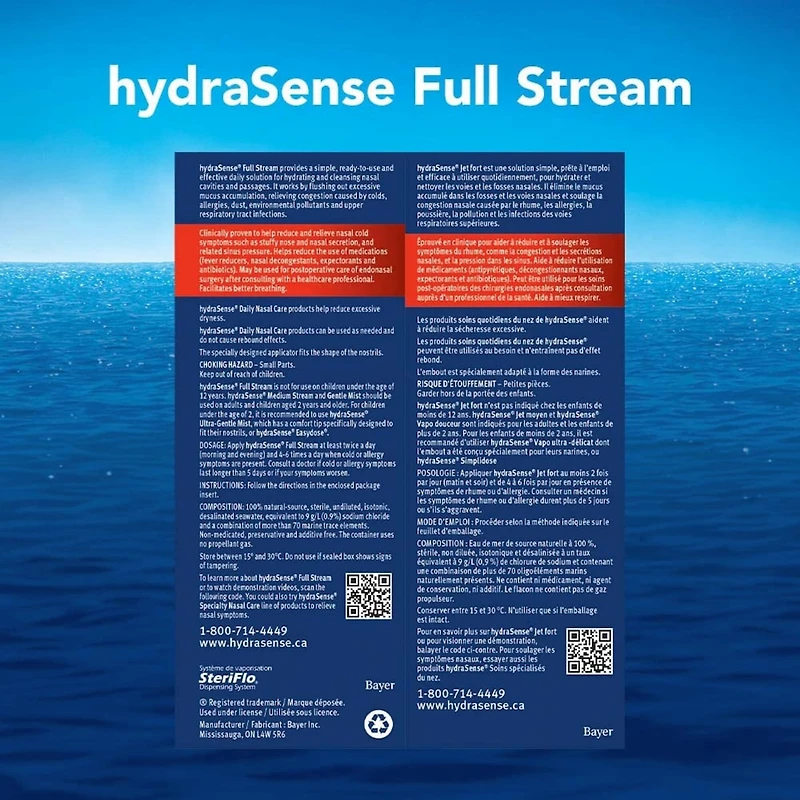 hydraSense Full Stream Nasal Spray, Daily Nasal Care, Fast Relief of Nasal Congestion, 100% Natural Source Seawater, Preservative-Free, 210 mL