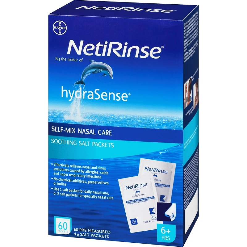 Sachets de sels apaisants hydraSense NetiRinse, sachets universels pré-mesurés et prêts à mélanger, soulage les symptômes nasaux du rhume, 60 sachets