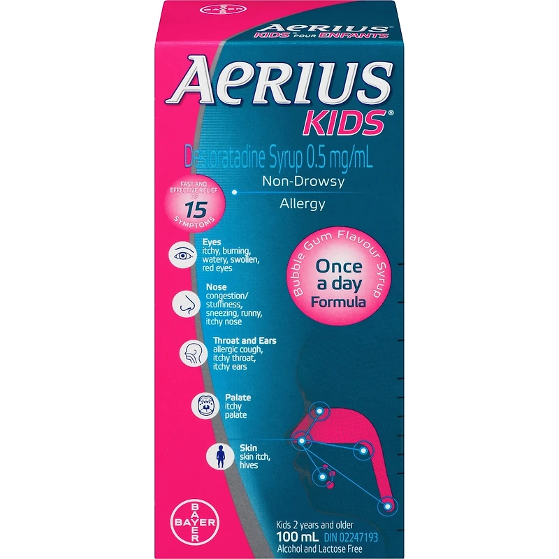 AERIUS Allergies pour enfants, sirop pour un soulagement sans somnolence durant 24 heures, 15 symptômes, arôme de gomme balloune, 100 mL