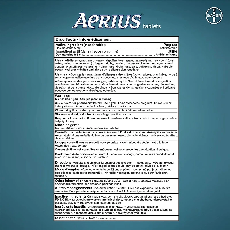 AERIUS Allergies, soulagement rapide et sans somnolence durant 24 heures, 15 symptômes