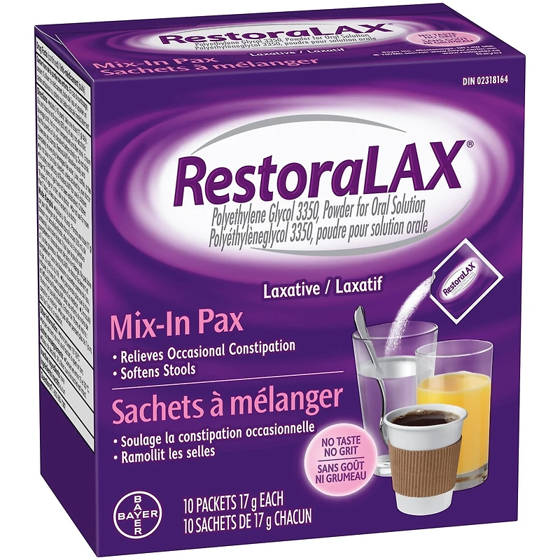 RestoraLAX Powder Laxative, Effective Relief, No Taste, No Grit, No Gas, No Bloating, No Cramps, Convenient 10 Single Dose Sachets