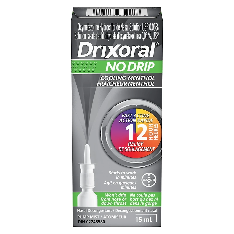 Drixoral No Drip Cool Menthol Spray, Cooling Sensation with 12 Hour Relief, 15ml