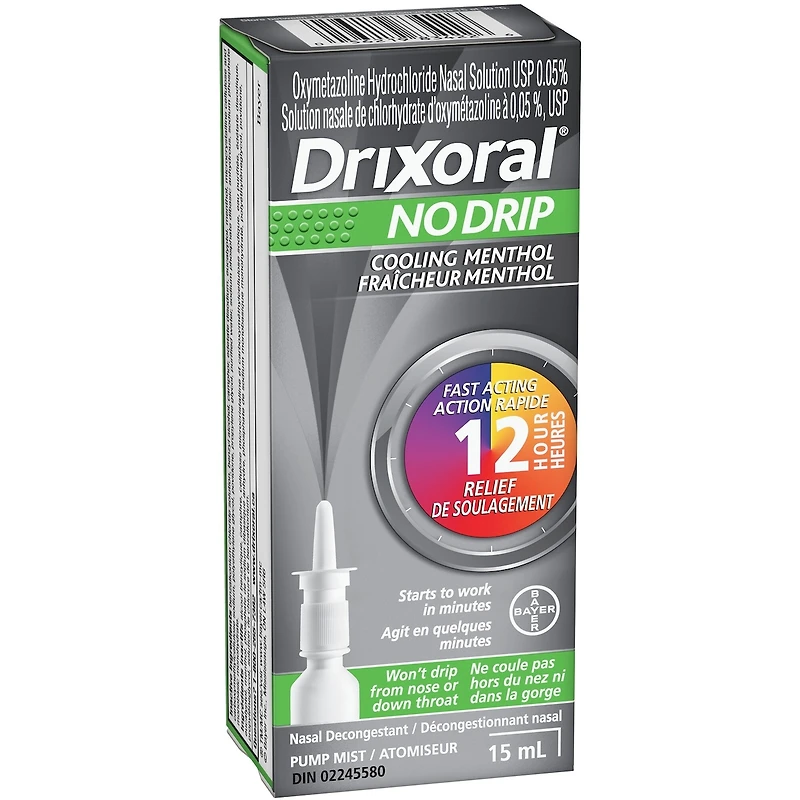 Drixoral No Drip Cool Menthol Spray, Cooling Sensation with 12 Hour Relief, 15ml