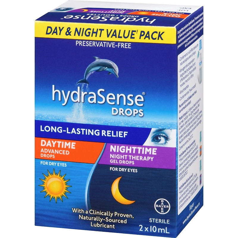 Gouttes oculaires hydraSense Soins de jour et de nuit, pour yeux secs, sans agent de conservation, lubrifiant de source naturelle, emballage double (2 × 10 mL