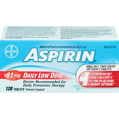 ASPIRIN 81mg, Daily Low Dose Enteric Coated Tablets, 120 Tablets