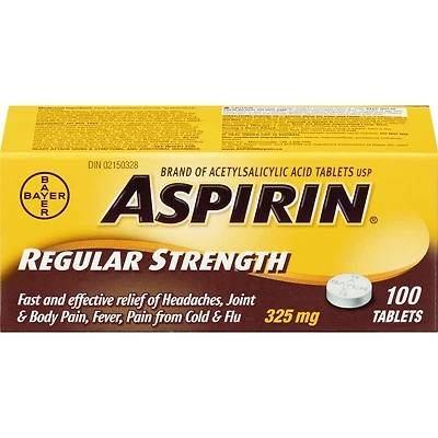 ASPIRIN Concentration régulière à 325 mg, soulagement rapide et efficace des maux de tête, des douleurs articulaires et musculaires, de la fièvre et de la douleur associée au rhume et à la grippe