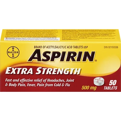 ASPIRIN Extra-fort à 500 mg, soulagement rapide et efficace des maux de tête, des douleurs articulaires et musculaires, de la fièvre et de la douleur associée au rhume et à la grippe