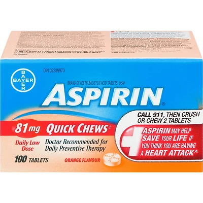 ASPIRIN 81mg, Daily Low Dose Quick Chews, Orange Flavour, 100 Tablets
