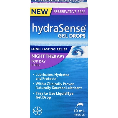 hydraSense Night Therapy Eye Drops, For Dry Eyes, Fast and Long-Lasting Relief, Preservative Free, Naturally Sourced Lubricant, 10 mL