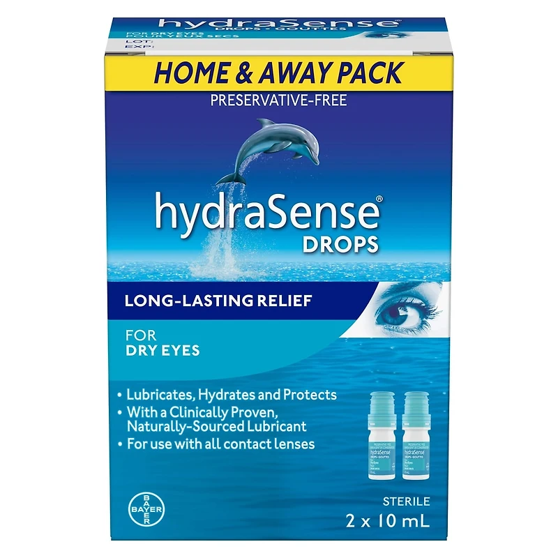 Gouttes oculaires hydraSense pour yeux secs, soulagement rapide et durable, san agent de conservation, lubrifiant de source naturelle