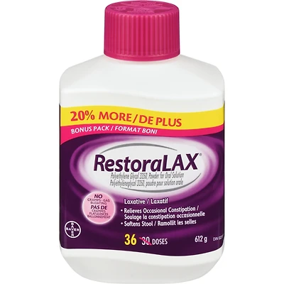 Poudre laxative RestoraLAX, soulagement efficace, sans goût ni grumeau, pas de ballonnement, pas de flatulence, pas de crampes, format boni de 30+6 doses, 36 doses