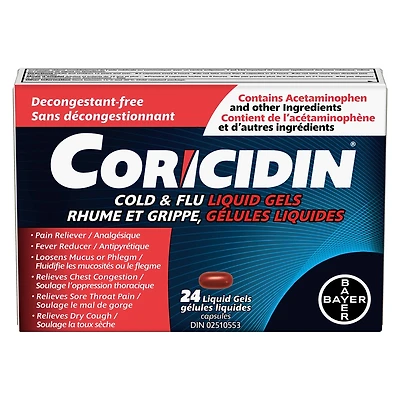 Coricidin Decongestant Free Cough and Cold Medicine - Cough, cold and flu medicine for adults – Effective Symptom Relief From Sore Throat, Cough, Chest Congestion, Fever, and Headaches, 24 Liquid Gels