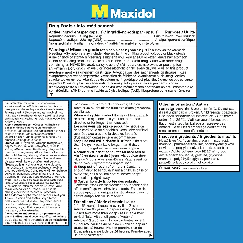 Maxidol Liquid Gels, Fast Relief of Pain such as Menstrual Cramps, Headaches, Backaches, Migraine Pain and Muscle Pain, 220mg Naproxen Sodium, 30 Liquid Capsules