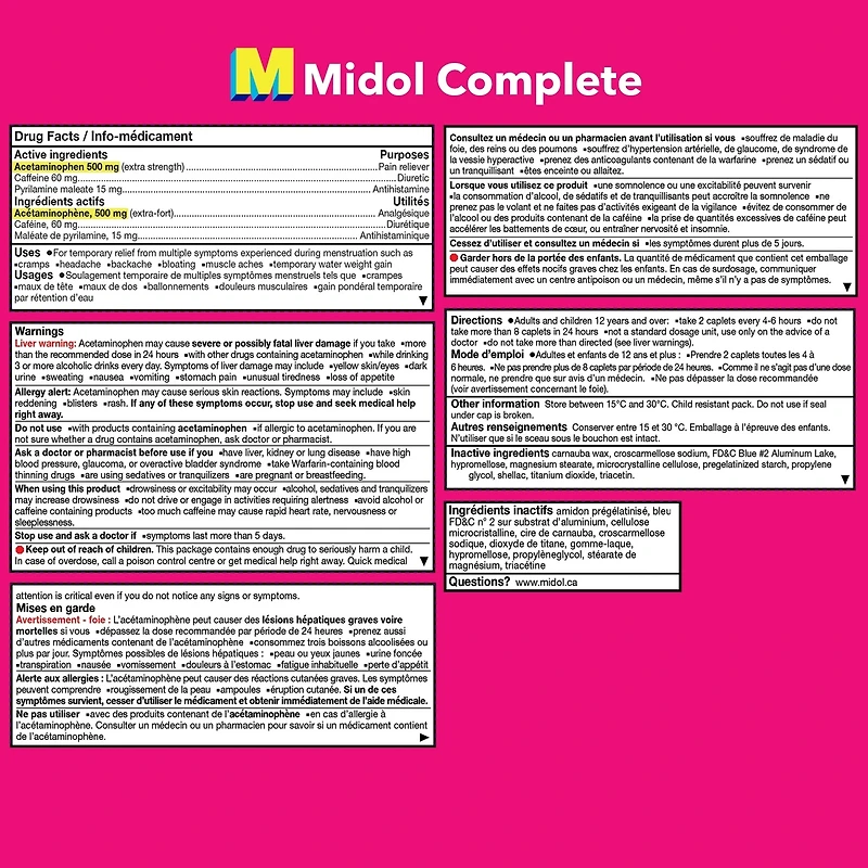 Midol Complete, Fast Multi-Symptom Period pain relief from Cramps, Headache, Backaches and Bloating, 40 Caplets