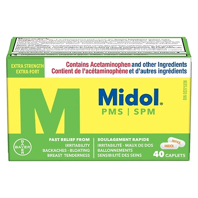 Midol PMS Caffeine-Free, Fast Relief of Pre-Menstrual Period Symptoms such as Irritability, Bloating, Cramps, Breast tenderness, Backache, Headaches and Muscle Aches. 40 Caplets