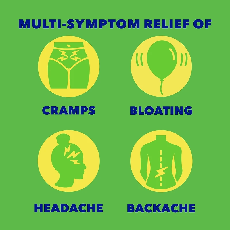 Midol PMS Caffeine-Free, Fast Relief of Pre-Menstrual Period Symptoms such as Irritability, Bloating, Cramps, Breast tenderness, Backache, Headaches and Muscle Aches. 40 Caplets