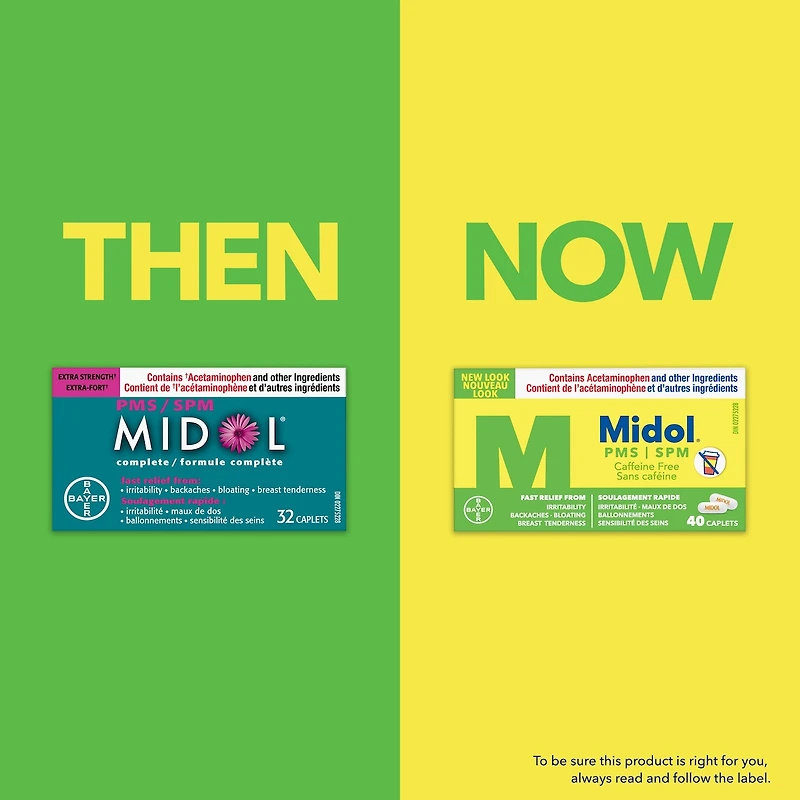 Midol PMS Caffeine-Free, Fast Relief of Pre-Menstrual Period Symptoms such as Irritability, Bloating, Cramps, Breast tenderness, Backache, Headaches and Muscle Aches. 40 Caplets