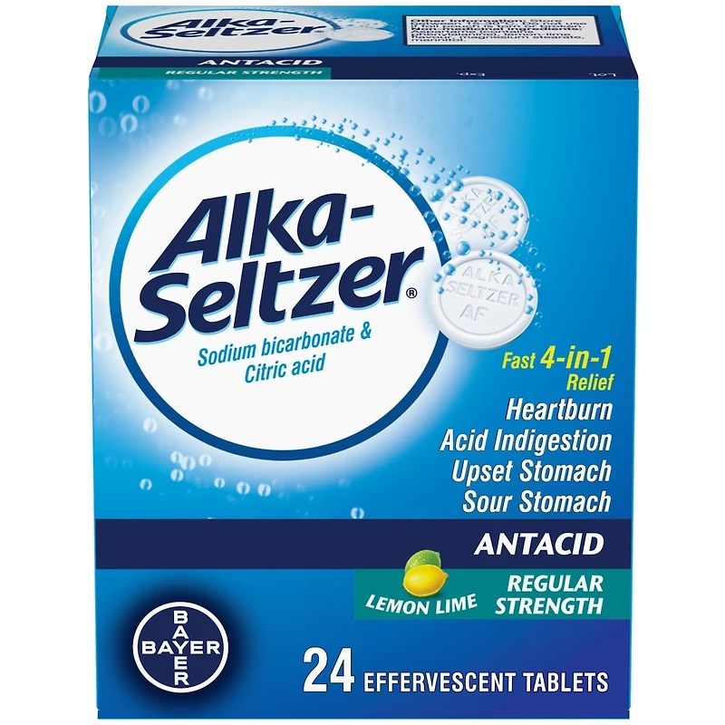 Comprimés antiacides effervescents Alka-Seltzer pour le soulagement des brûlures d’estomac – Comprimés antiacides contre les brûlures et les maux d’estomac – Contiennent du bicarbonate de sodium et de l’acide citrique – Saveur de citron-lime
