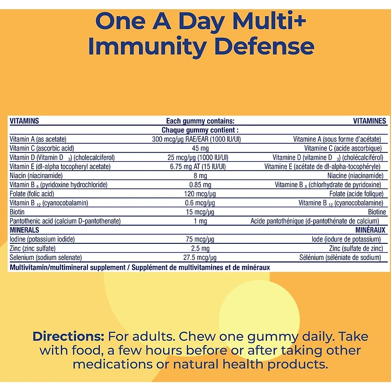 Gummies One A Day Multi+ avec soutien immunitaire – Multivitamines pour les femmes et les hommes avec soutien immunitaire quotidien contenant des vitamines C et D et du zinc pour soutenir la fonction immunitaire