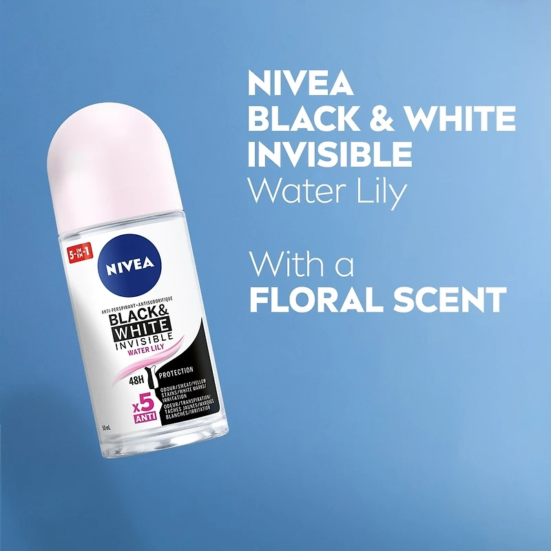 NIVEA Déodorant antisudorifique 72 h à bille Black & White Invisible, Water Lily, 50 ml
