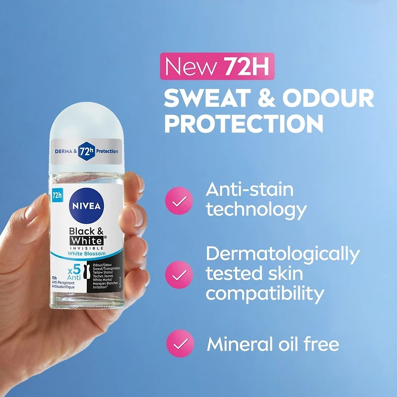 NIVEA Déodorant antisudorifique 72 h à bille Black & White Invisible, White Blossom, 50 ml