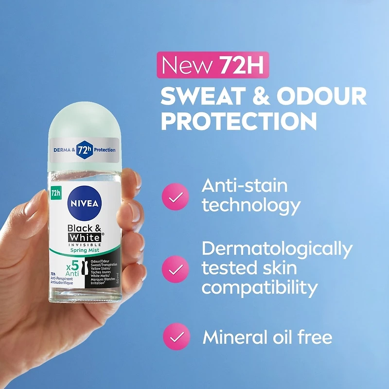 NIVEA Black & White Invisible Roll-On 72-Hr Antiperspirant Deodorant, Spring Mist, 50mL