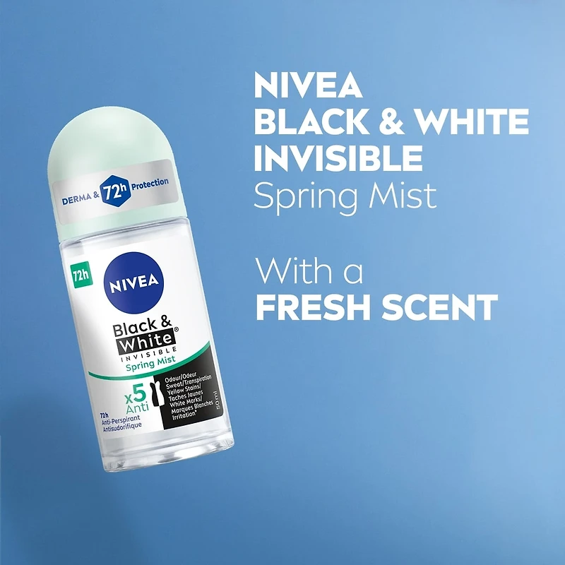 NIVEA Black & White Invisible Roll-On 72-Hr Antiperspirant Deodorant, Spring Mist, 50mL