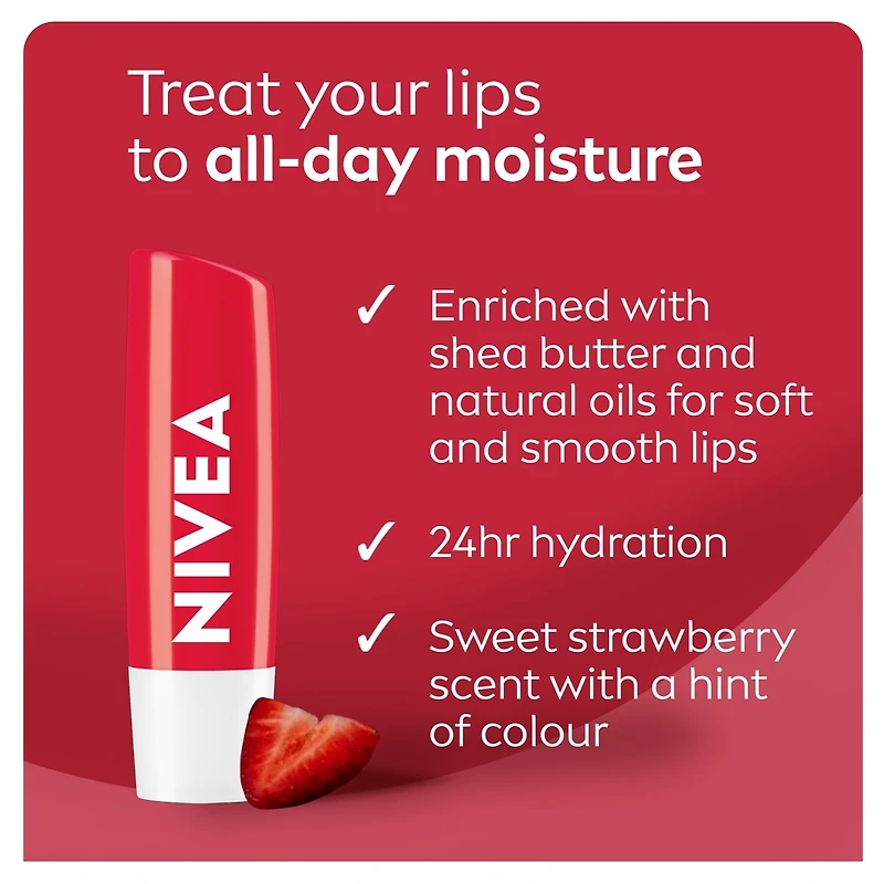 NIVEA Strawberry Shine Lip Balm, Tinted lip balm with glossy colour, Provides 24hr hydration, Lip moisturizer for dry lips, (2 x 4.8g)
