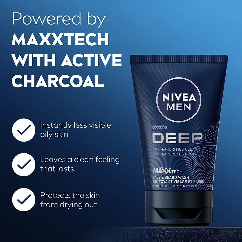 NIVEA MEN DEEP Nettoyant visage et barbe avec MAXXTECH charbon, 100 ml