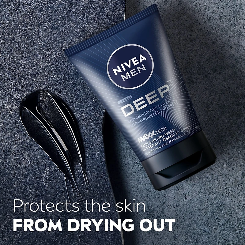 NIVEA MEN DEEP Nettoyant visage et barbe avec MAXXTECH charbon, 100 ml