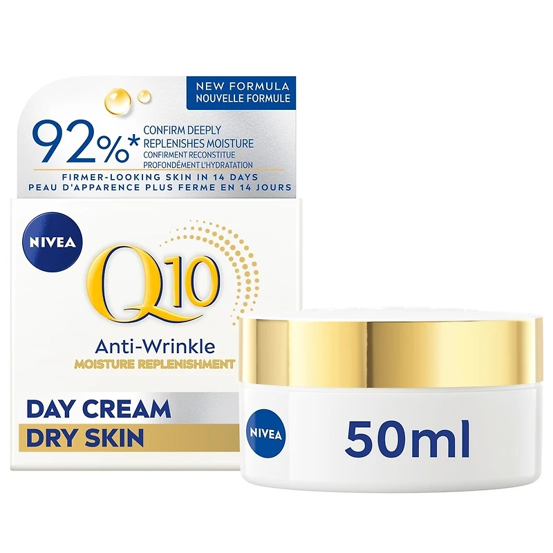 NIVEA Q10 Anti-Wrinkle Moisture Replenishment Day Face Cream, Dry Skin, 50mL