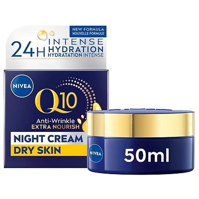 NIVEA Q10 Anti-Wrinkle Moisture Replenishment Night Face Cream, Dry to Very Dry Skin, 50mL